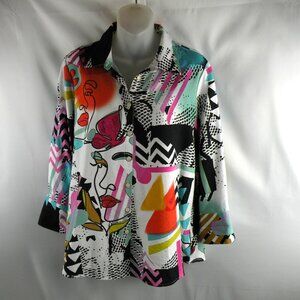 Ali Miles Retro Art to Wear Abstract Artsy Colorful Blouse Shirt Top Petite M